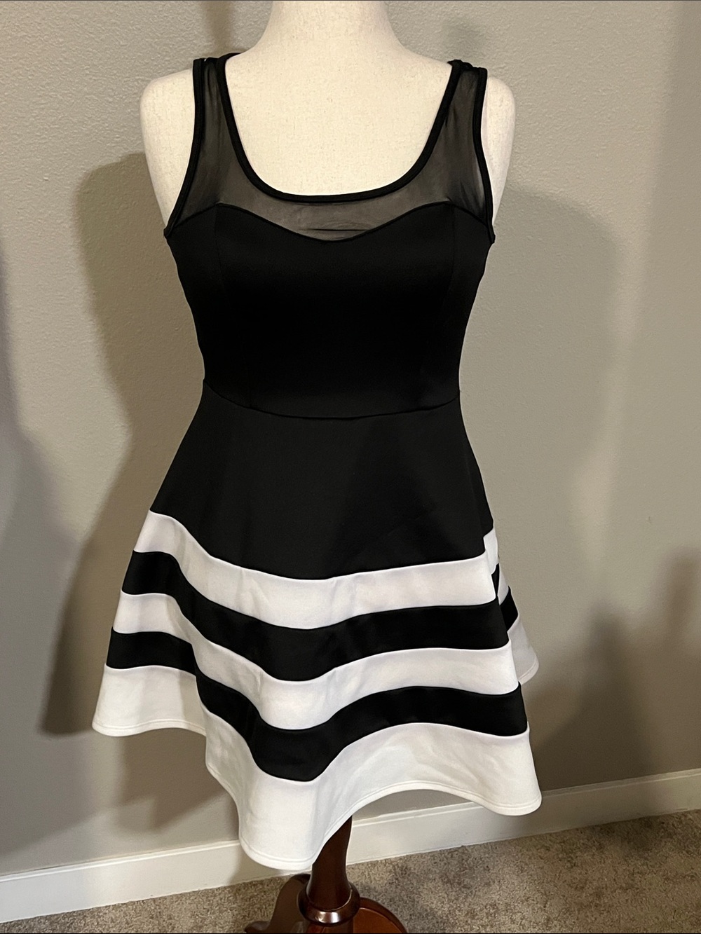 Charlotte Russe fit and flare dress, black and white with mesh top